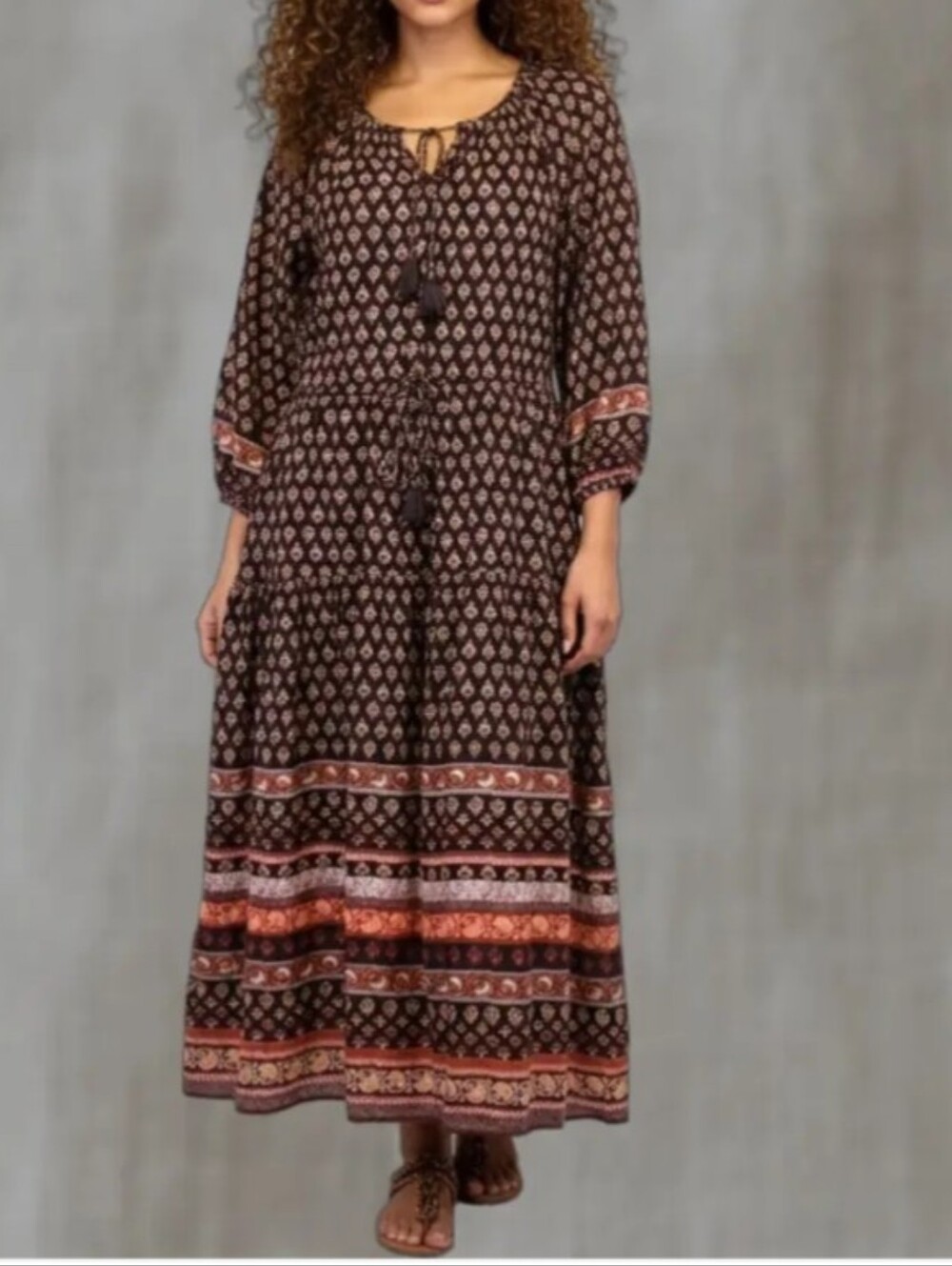 Old Navy Cinch Waist Floral Midi Tiered Brown Boho Cotton Blend Maxi Dress 2X
